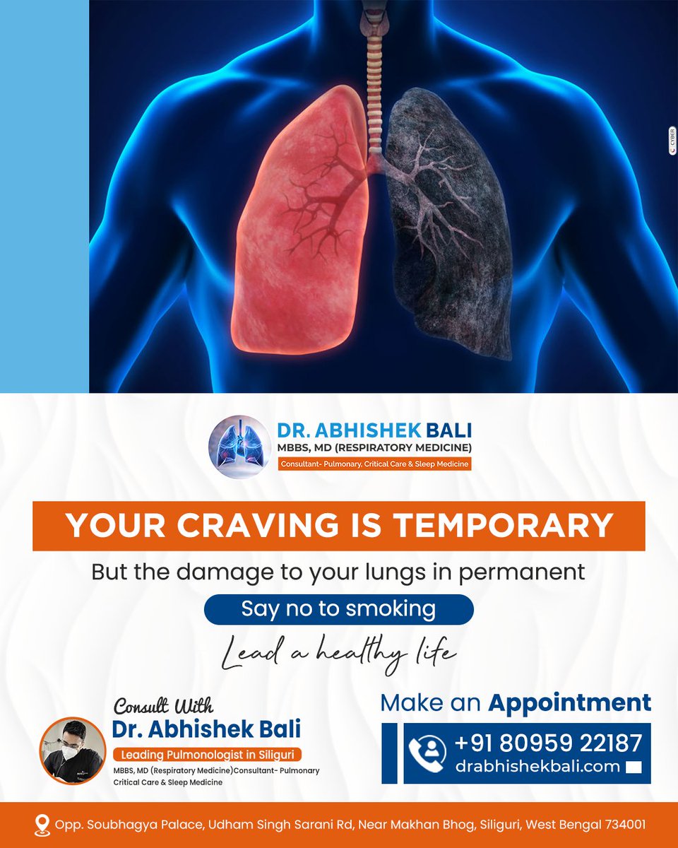 Your craving is temporary
But the damage to your lungs is permanent
Say no to smoking
Lead a healthy life
Consult Dr.Abhishek Bali
Call for appointments: +91 80959 22187
Visit: drabhishekbali.com
#bestpulmonologist #breathing #healthylungs #lungcancer #lungdisease