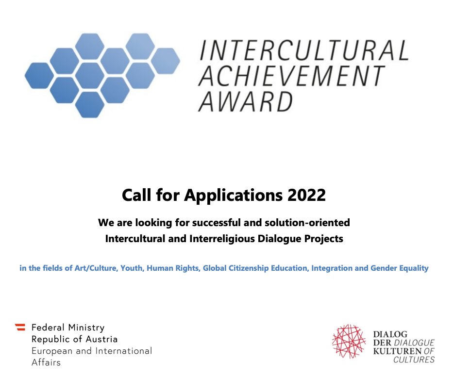 📩Call for proposals for the Intercultural Achievement Award 2022! 
🔹The aim of the award is to identify and award innovative and best practice projects in the field of intercultural dialogue. 
🕙Deadline: 15 April 2022. 
👉For more information: bit.ly/3tHtPsX
