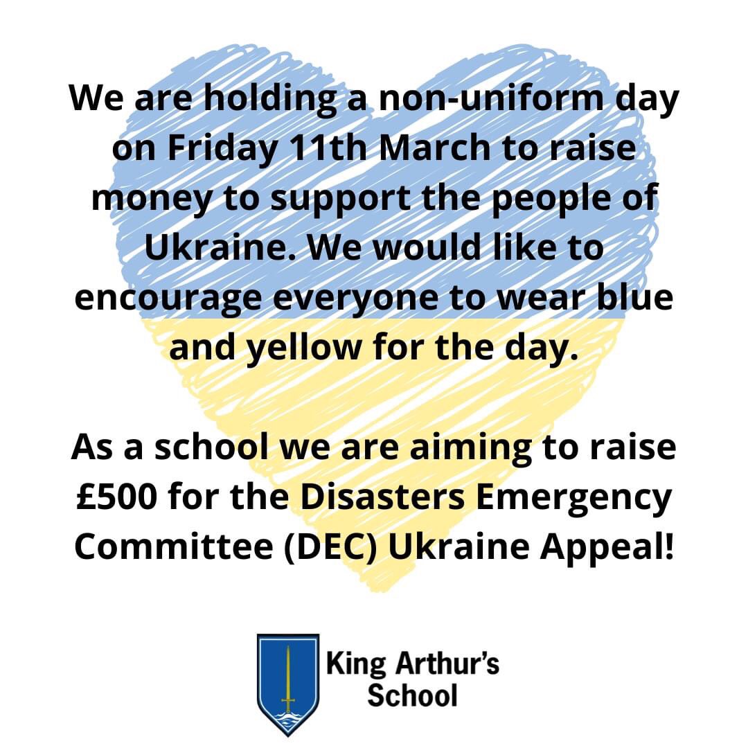 Wear blue and yellow tomorrow and help us raise money to support Ukraine! The School Council will have collection buckets around the school, if we all donate £1 we can raise £500 as a school! 🇺🇦