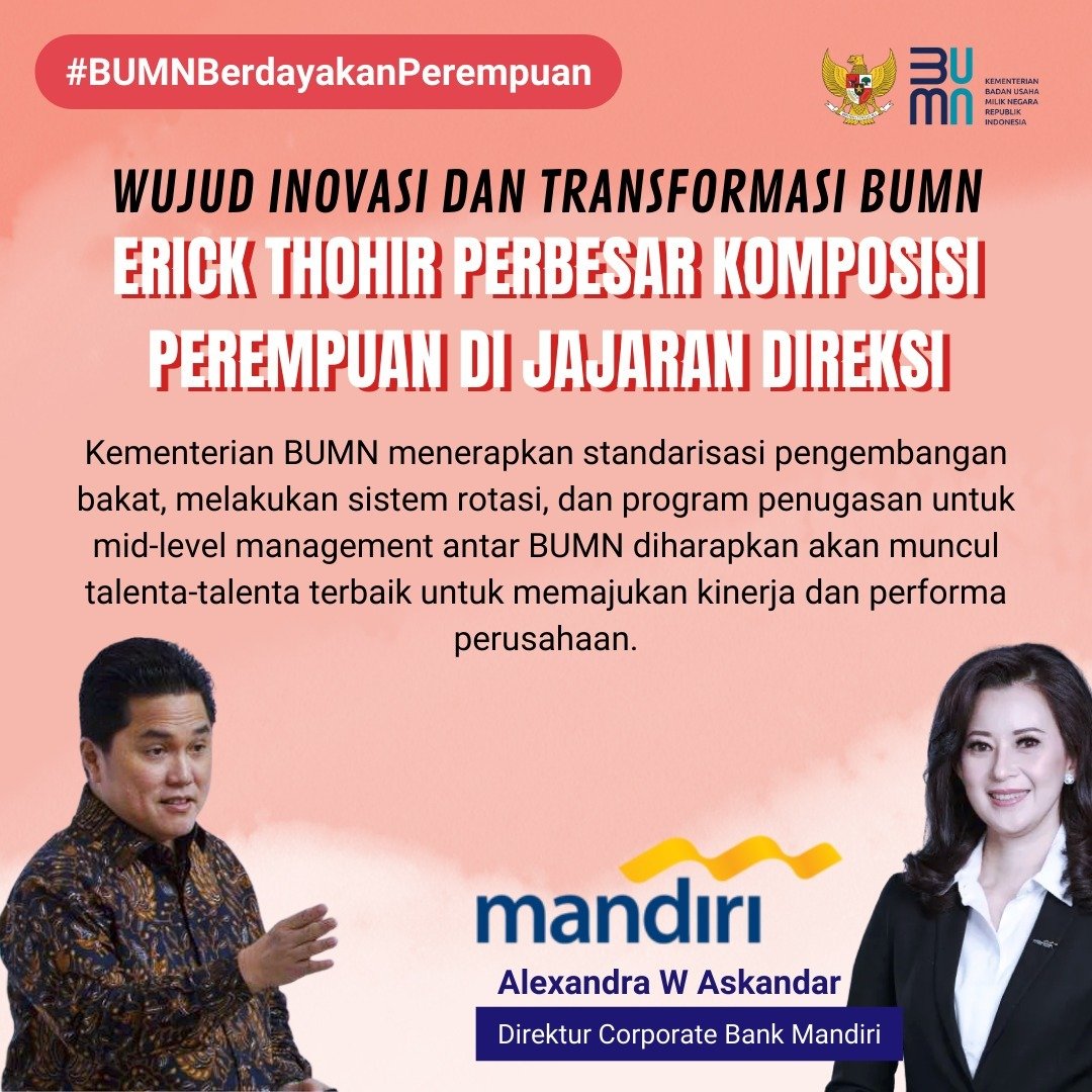 Enovaeli's tweet photo. Kesetaraan kesempatan perempuan untuk berkarya di BUMN, tentu akan semakin menyehatkan sekaligus membawa dampak positif bagi lembaga itu sendiri. https://t.co/O7NCdjlerj