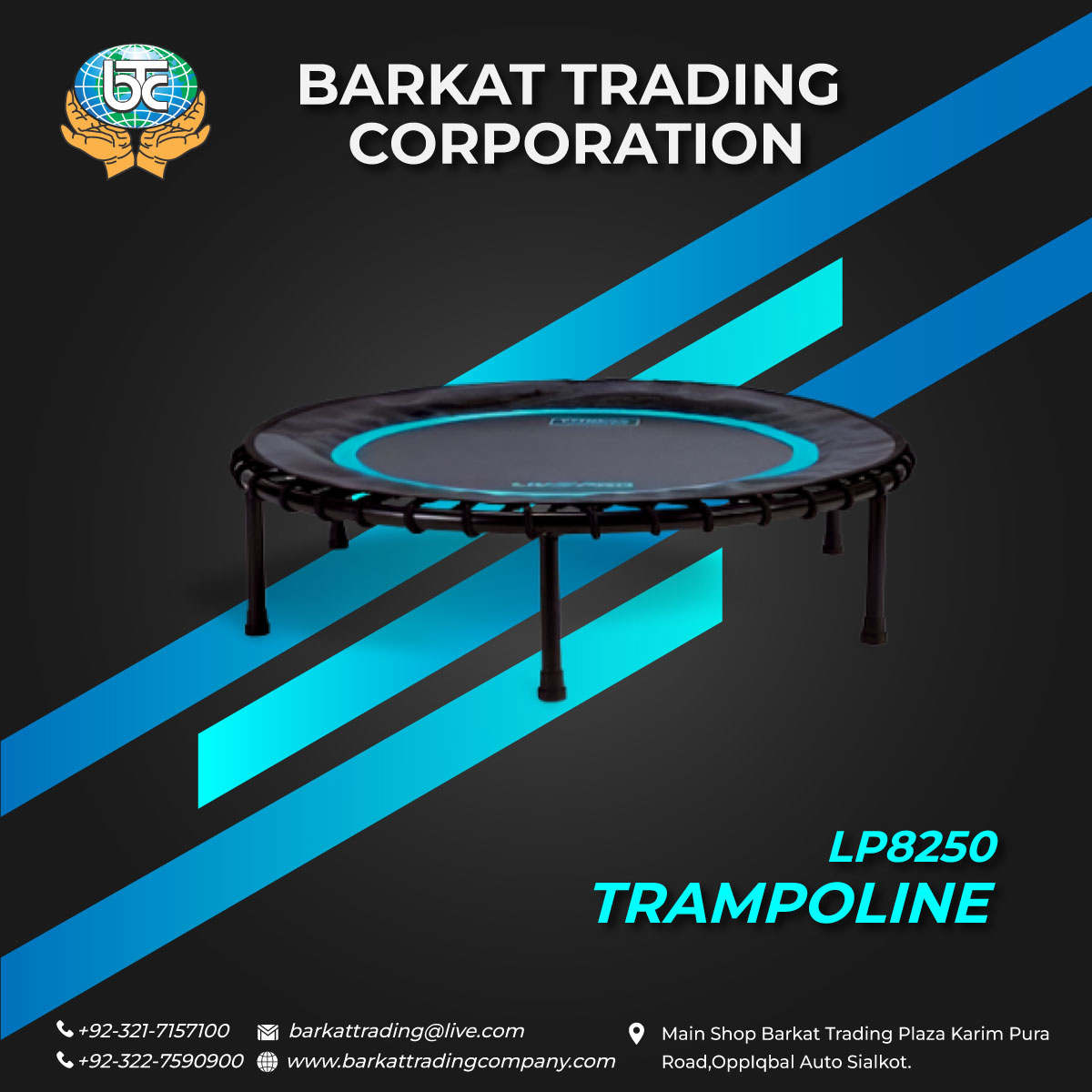 LP8250 Trampoline 
#barkattradingcorporation #barkattradingcompany #barkatsports #barkattradingcorp #gymost
#omafitness #hydrofitness #omapakistan
#healthfitness #sportmarketsialkot #fitness #sialkot
#islamabad #doublecircle #tabletennis
#lahorepakistanpunjab #gym #fit