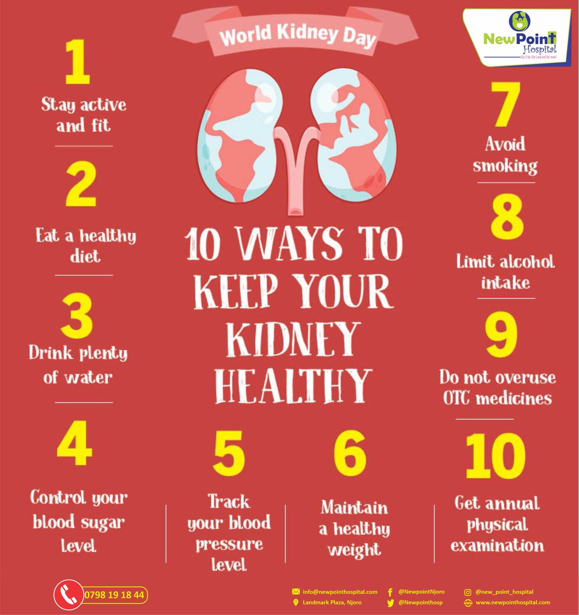 NewpointHosp's tweet photo. 10 ways to keep your kidneys healthy! 

#healthfirst #worldkidneyday2022 #WorldKidneyDay #kidneyhealth https://t.co/imVKS9SyNE