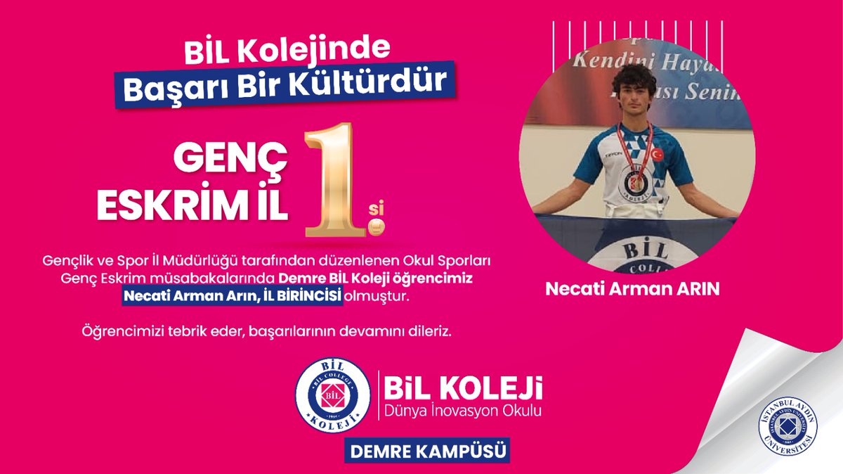 bilkolejleri's tweet photo. 🏆 BİL Kolejinde Başarı Bir Kültürdür!

GENÇ ESKRİM İL 1. si!

@BilDemre Kampüsü öğrencimizi ve öğretmenlerimizi tebrik ediyor, başarılarının devamını diliyoruz.

#bildebaşarıbirkültürdür #başarı https://t.co/HhRhWo8jy3