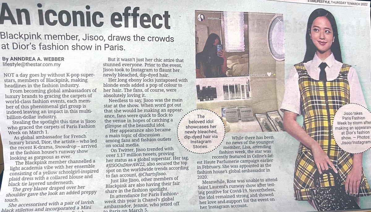 JISOO in Malaysia ‘The Star’ newspaper today.

“An iconic effect, @BLACKPINK member JISOO draws the crowds at Dior’s fashion show in Paris”

#JISOOxDiorAW22 #JISOO #블랙핑크지수 #BLACKPINK