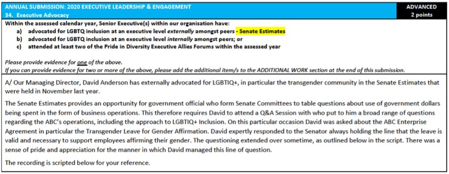 comeoutofacon's tweet photo. Did you know that ABC Managing Director David Anderson advocated for Gender Transition leave before the Senate?
@ABCaustralia provides 10d paid and 1 year unpaid transition leave.
#HowManyPoints ... this action was worth 2 ACON Pride in Diversity AWEI points. https://t.co/ffmceGsAEo