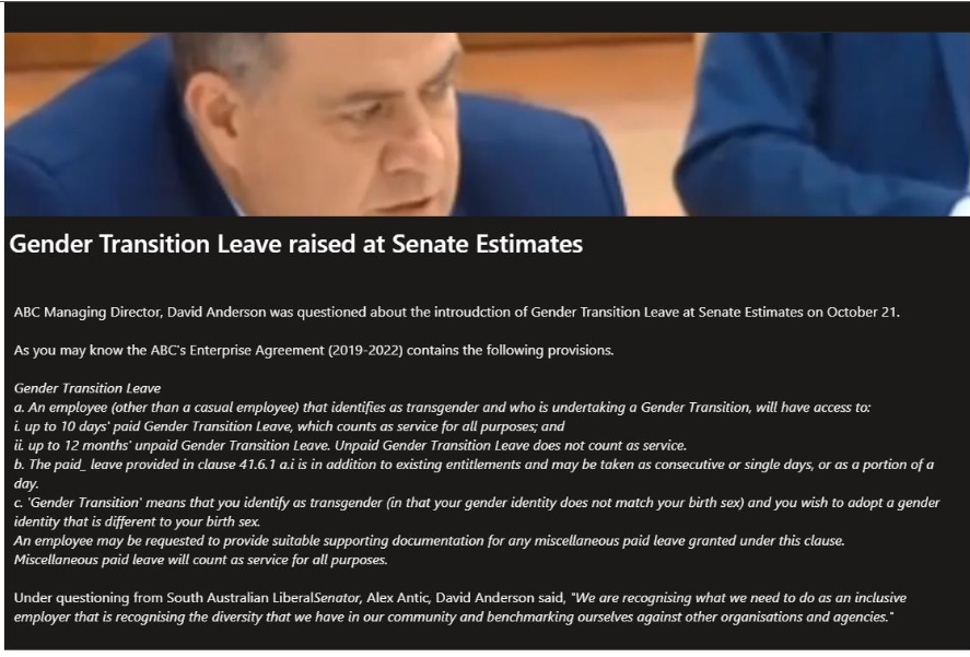comeoutofacon's tweet photo. Did you know that ABC Managing Director David Anderson advocated for Gender Transition leave before the Senate?
@ABCaustralia provides 10d paid and 1 year unpaid transition leave.
#HowManyPoints ... this action was worth 2 ACON Pride in Diversity AWEI points. https://t.co/ffmceGsAEo
