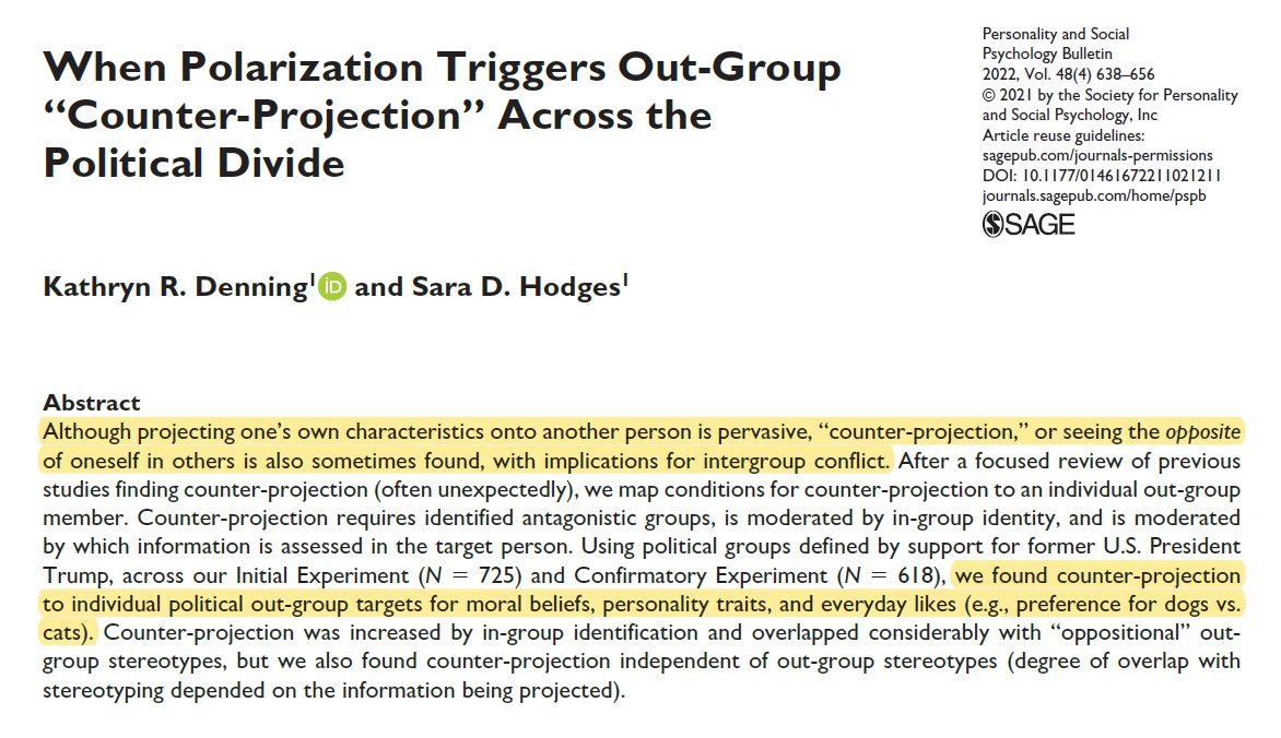 Interesting concept: Counter-projection

Projection happens when you project your own traits onto others.

*Counter*-projection happens when you project the opposite of your traits onto others. We do this, for example, with members of political outgroups.

journals.sagepub.com/doi/abs/10.117…