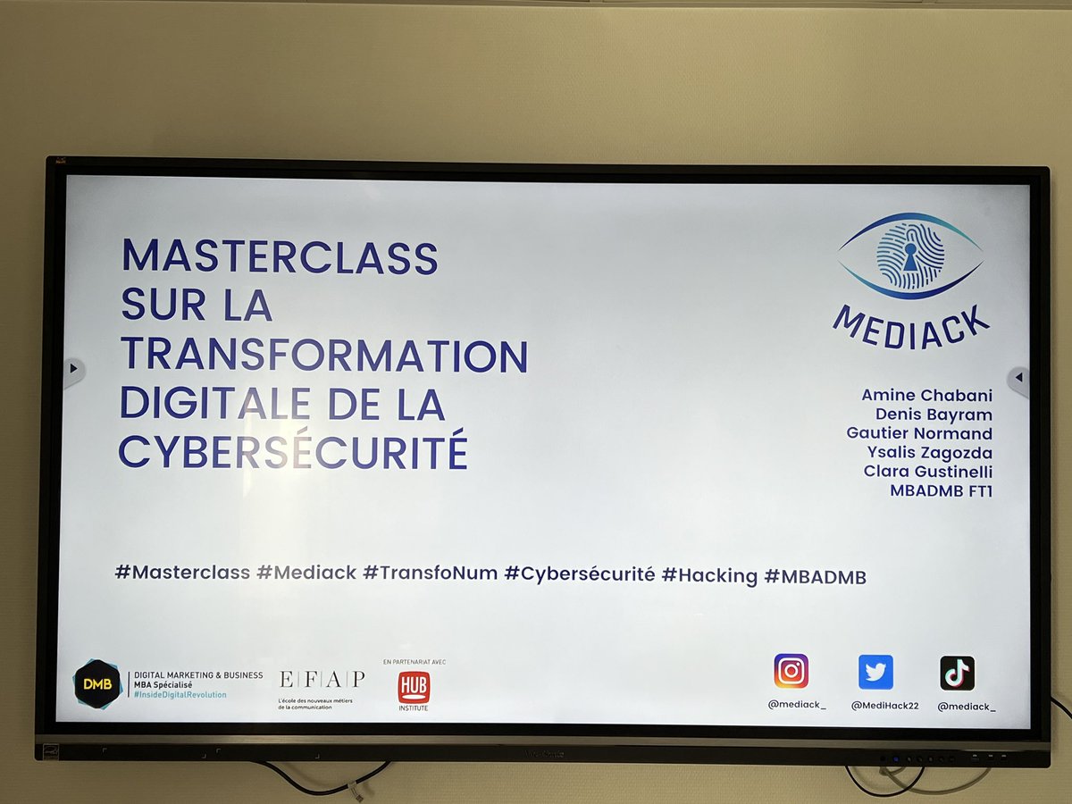 wtaranoff's tweet photo. 💥Démarrage dans 5 mn de la #Masterclass sur la ##TransfoNum de la #cybersecurite par les étudiants @MediHack2022 @MBADMB de l’@EFAP_ avec @HUBInstitute 

#mbadmb #Hacking #Mediack 
@VincentMontet @ArnaultChatel https://t.co/7DqAYPL9hx