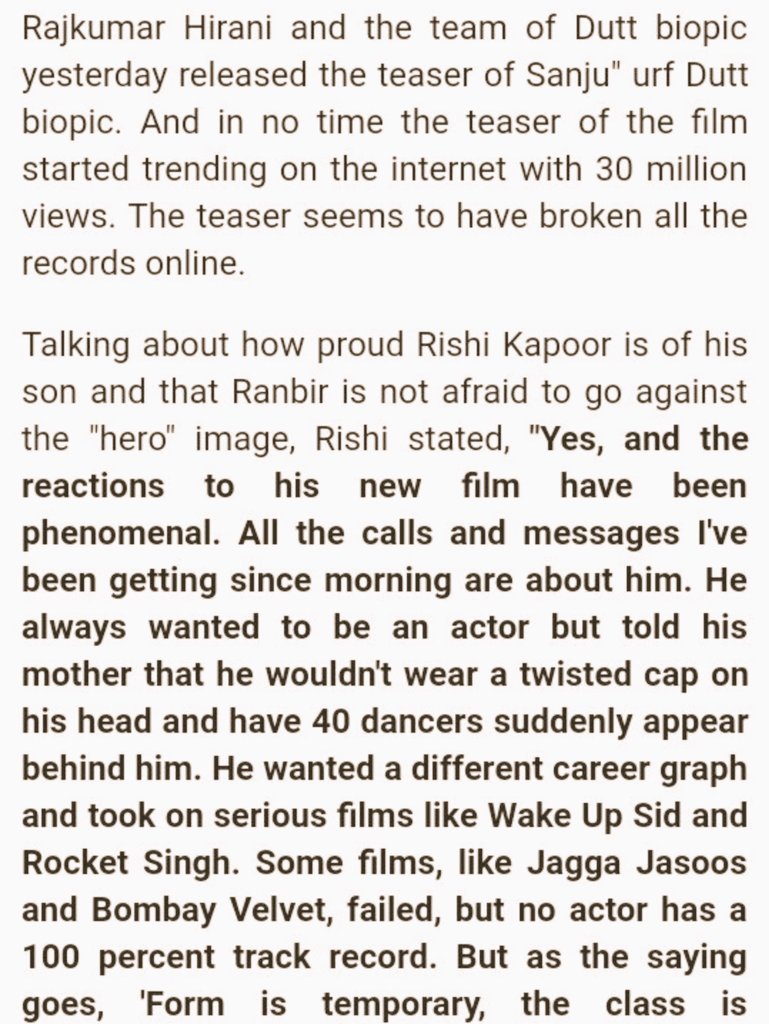 Rk_is_unique's tweet photo. #RanbirKapoor  is not afraid to go against the "hero" image... He always wanted to be an actor but he told his mother that he would not wear a twisted cap on his head and have  40 dancers suddenly appear behind him . He wanted different career graph ......

Rishi Kapoor https://t.co/skhNoZnplD
