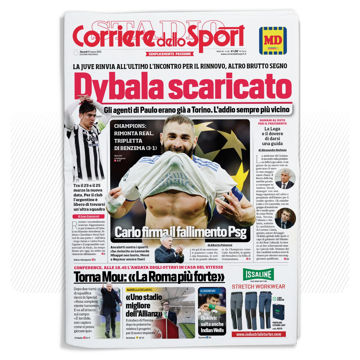 CorSport's tweet photo. La prima pagina di Corriere dello Sport - Stadio:

🎯 Dybala scaricato
🎯 Carlo firma il fallimento Psg
🎯 Torna Mou: "La Roma più forte

#corsport #Dybala #juve #ancelotti #realamadrid #psg #mourinho #roma https://t.co/wki3jyOv1m