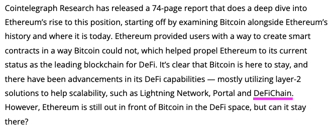 defichain's tweet photo. DeFiChain was mentioned in the @Cointelegraph research-report that does a deep dive into #Bitcoin vs #Ethereum and the race for the leading #DeFi ecosystem.

Read the full article 👉 https://t.co/lplGwnweG5 https://t.co/DbX5zHp3HH