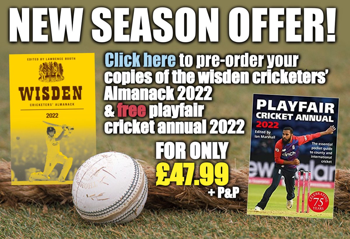 It's that time of year again when Cricshop offers a free copy of the Playfair Cricket Annual (worth £10.99) with every copy of the new Wisden Almanack 2022 (RRP £57) ordered on-line for just £47.99 +P&amp;P. Howzat for a catch! cricshop.com