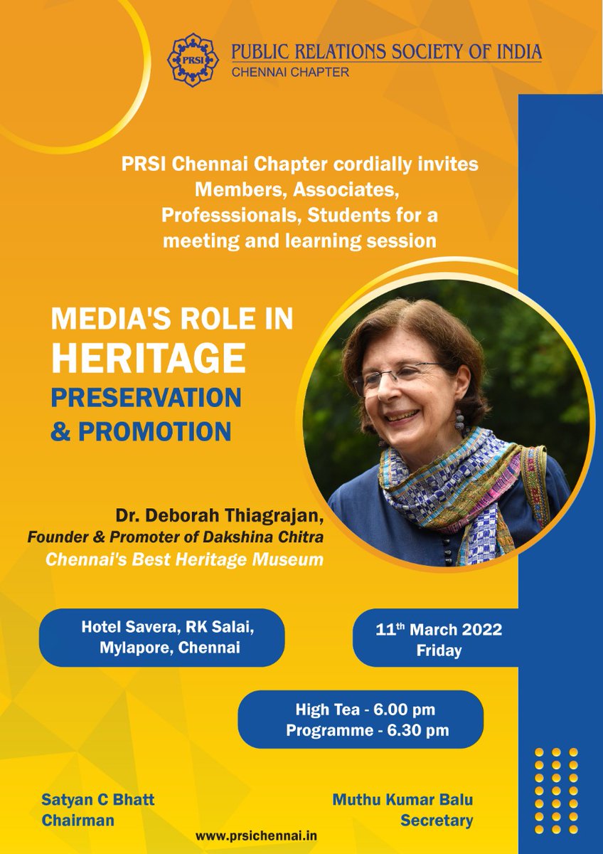 PRSIChennai's tweet photo. PRSI Chennai Chapter cordially invites
Members, Associates, Professsionals, Students for a meeting and learning session
MEDIA'S ROLE IN HERITAGE PRESERVATION &amp; PROMOTION
Dr. Deborah Thiagrajan, Founder &amp; Promoter of Dakshina Chitra
Chennai's Best Heritage Museum
Hotel Savera,CHN https://t.co/heZ3xfi38F