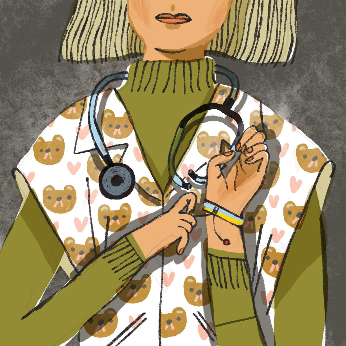 sofiatomilenko's tweet photo. #KidLitArtPostcard 
1/3 
Hi! My name is Sophia, I'm illustrator based in Kyiv, Ukraine where is ongoing russian-ukrainian war. 
(Illo about ukrainian family doctor that is still working during war) https://t.co/S6nFPpNznn