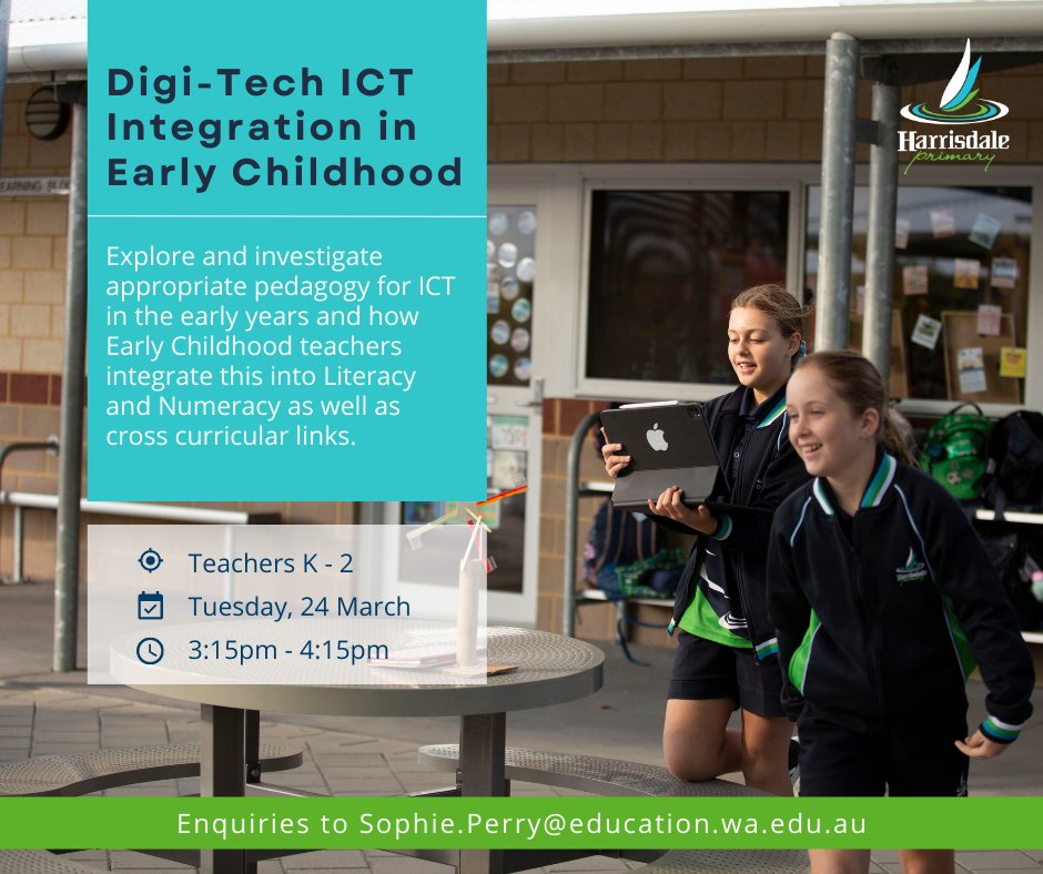 Excited for our upcoming events at HPS - Using ICT in Early Childhood.

If you are looking for some ideas on how to integrate technology into maths and literacy then come join our Webex PL session.
Register: plis.education.wa.edu.au/?EventID=47524

#TDS2022 #DigiTechSchool #HarrisdalePS