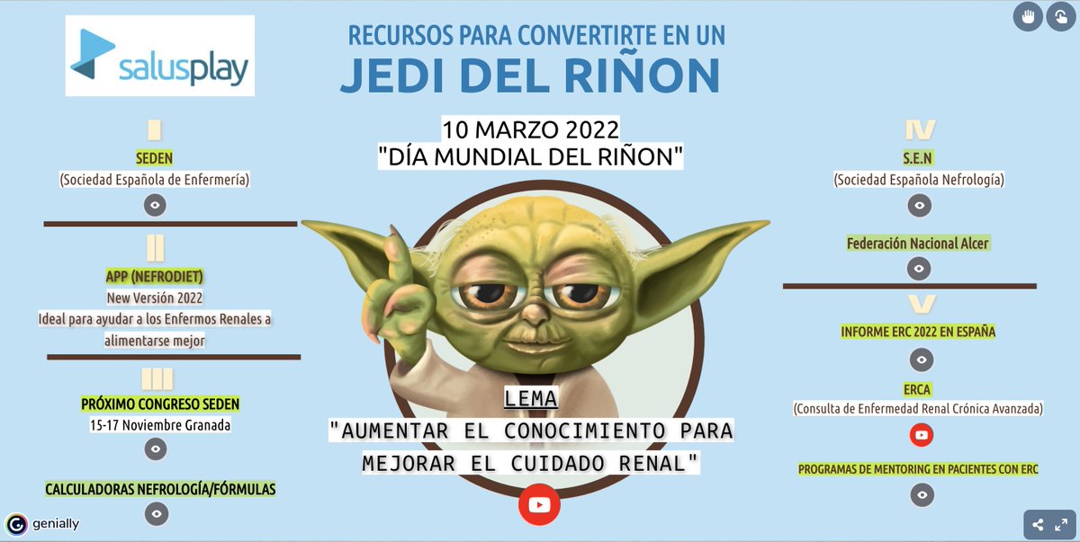 Hoy celebramos el #DiaMundialDelRiñon y desde Salusplay queremos ayudar a concienciar sobre la importancia que tiene este órgano,con una viñeta interactiva repleta de información y enlaces de interés para #Enfermeras 

Cómo convertirte en un Jedi del Riñón view.genial.ly/6225143f48cb19…