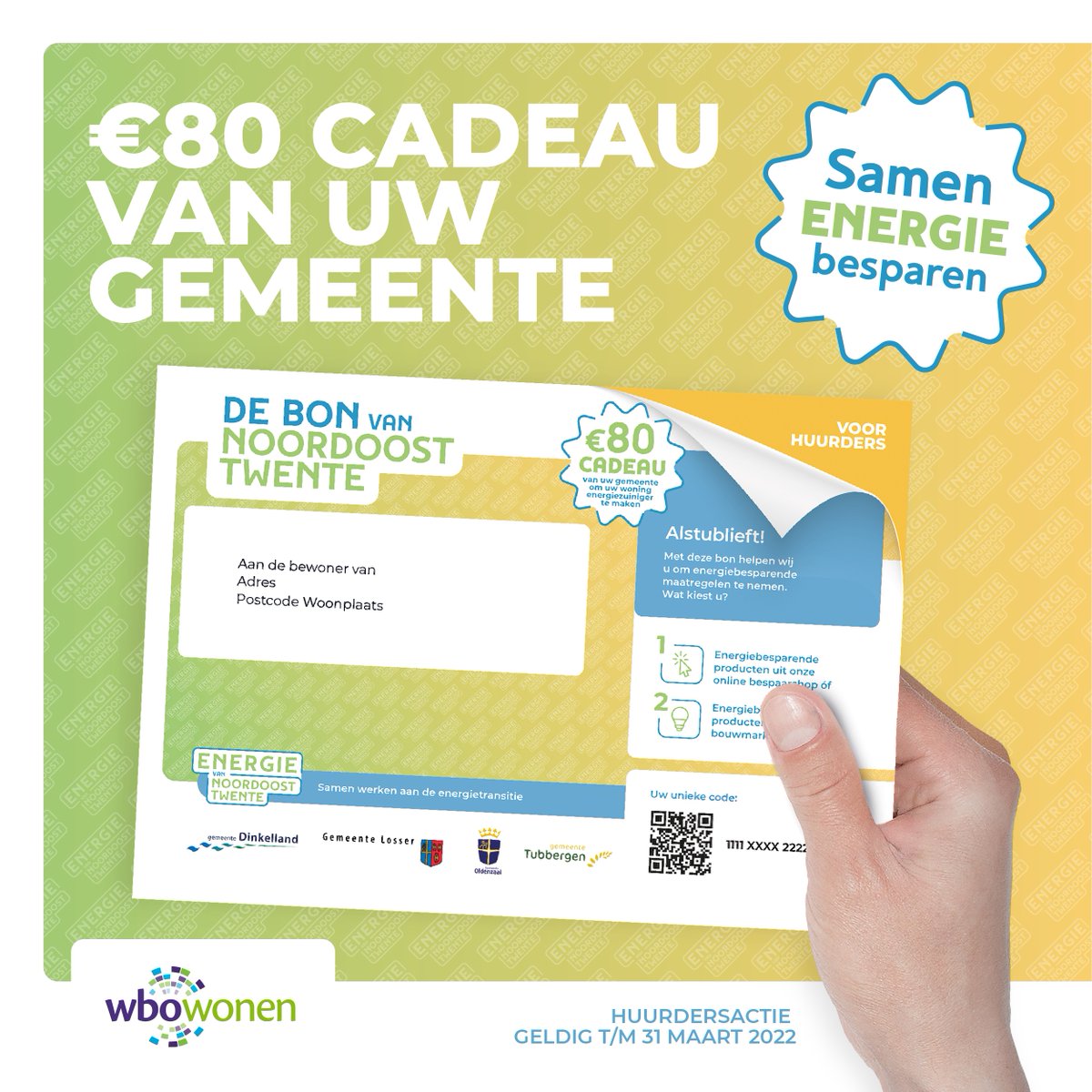 80 EURO CADEAU | De bon van Noordoost Twente voor gratis energiebesparende producten is nog tot en met 31 maart te gebruiken! Meer informatie over de bon leest u op bonvannoordoosttwente.nl