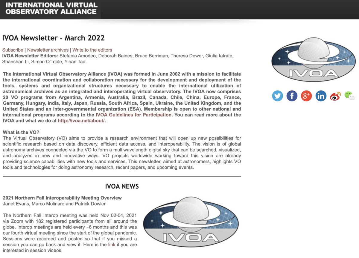 The March 2022 issue of the #IVOA Newsletter is now available! This newsletter for #astronomers is intended to highlight new capabilities of VO tools and technologies for doing astronomy research.
ivoa.net/newsletter/025/
