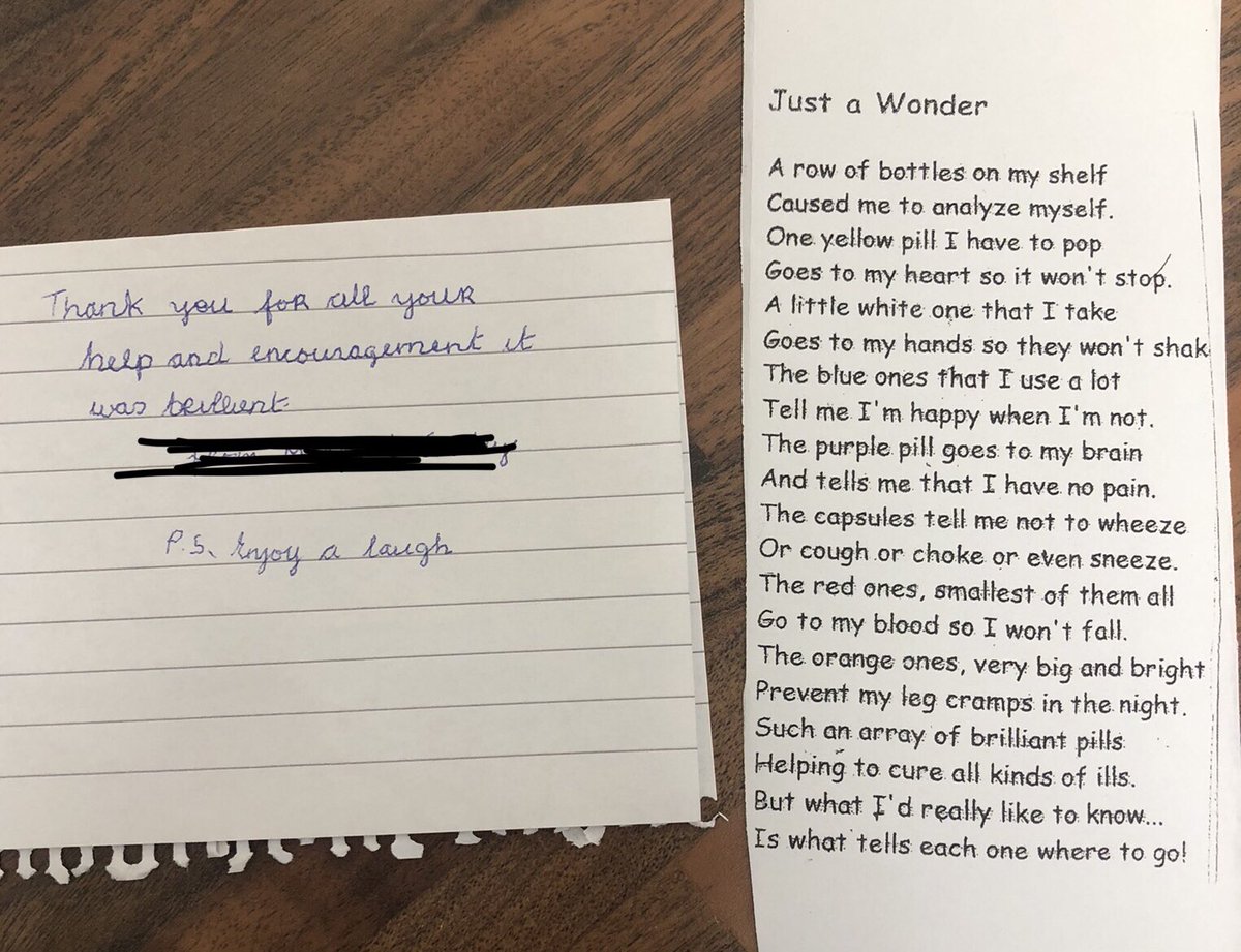 Had a patient in recently who told me about her tremor and tablets via a poem. Came back from leave to find this waiting for me. #occupationaltherapy #olderpeople #dayhospital “enjoy a laugh”