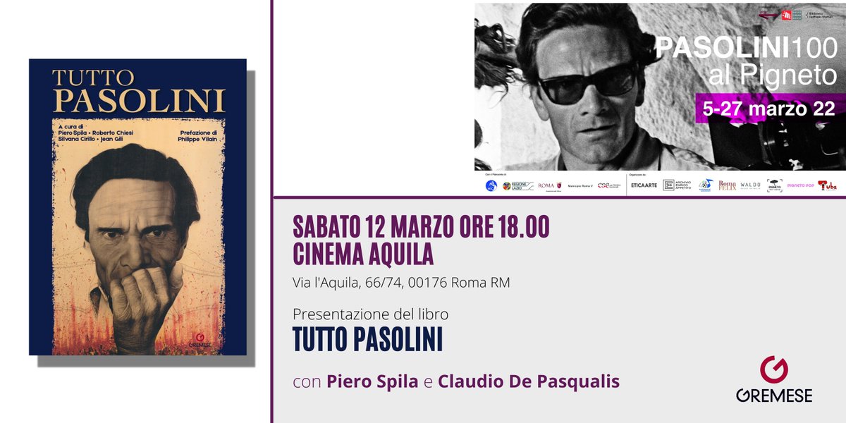 📌sabato 12 marzo alle ore 18.00 per la presentazione di “Tutto Pasolini” con Piero Spila e Claudio De Pasqualis
🔴Evento a partecipazione gratuita
☎️consigliata la prenotazione al numero 389 9580183
TUTTO PASOLINI
#ppp100 #pigneto #roma <a href="/cinemaaquila/">Nuovo Cinema Aquila</a>