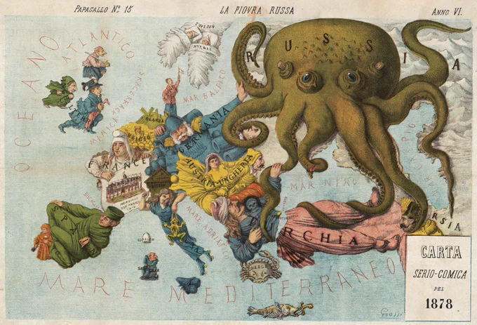 古い絵地図(国を、それぞれの国にちなんだ動物や人物などで描いた地図)だとロシアはタコの姿で描かれがち。描いているのは主にヨーロッパだから、ロシアに悪い印象を与えようとしてるんだろうな……という気はする。 