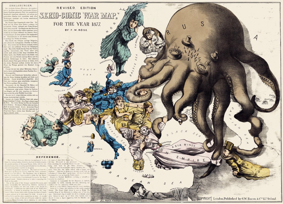 古い絵地図(国を、それぞれの国にちなんだ動物や人物などで描いた地図)だとロシアはタコの姿で描かれがち。描いているのは主にヨーロッパだから、ロシアに悪い印象を与えようとしてるんだろうな……という気はする。 
