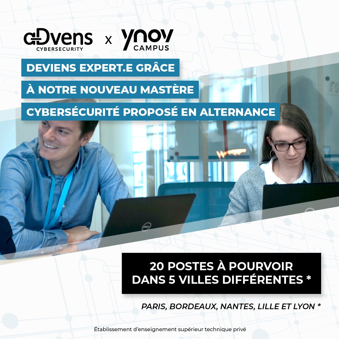 ynov_bordeaux's tweet photo. Envie de rejoindre les rangs d’une entreprise leader en France pour protéger la société des cyberattaques ? 🔒

YNOV Campus et @advens vous proposent un parcours permettant d’obtenir la #certification #professionnelle de niveau 7 Expert #Informatique et Systèmes d’Information ! https://t.co/JVueQmo6Yh