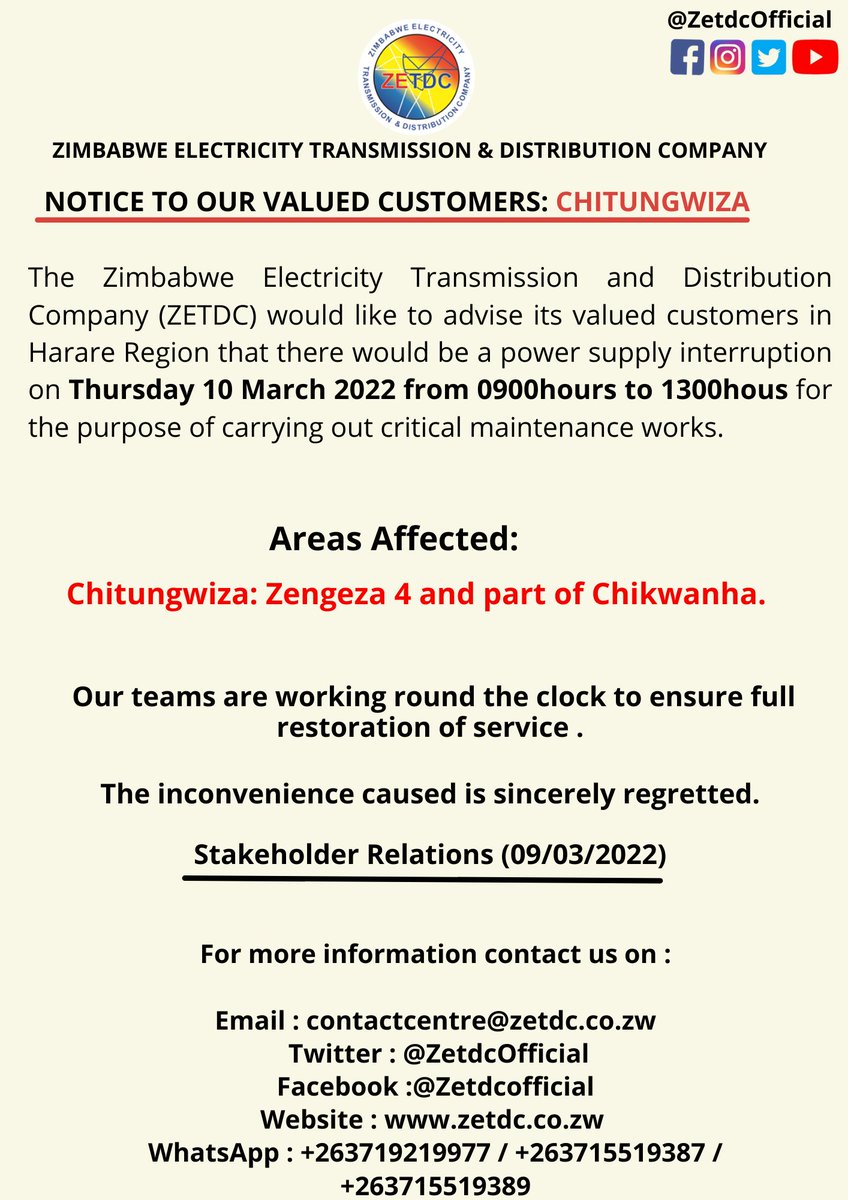 ZETDC_ (@zetdc_official) on Twitter photo #PowerUpdate
#Chitungwiza residents in the mentioned areas kindly take note.
<a href="/OfficialZESA/">ZESA HOLDINGS</a> <a href="/official_MOEPD/">Ministry Of Energy And Power Development</a> <a href="/HeraldZimbabwe/">The Herald Zimbabwe</a> #PowerUpdate
#Chitungwiza residents in the mentioned areas kindly take note.
<a href="/OfficialZESA/">ZESA HOLDINGS</a> <a href="/official_MOEPD/">Ministry Of Energy And Power Development</a> <a href="/HeraldZimbabwe/">The Herald Zimbabwe</a>
