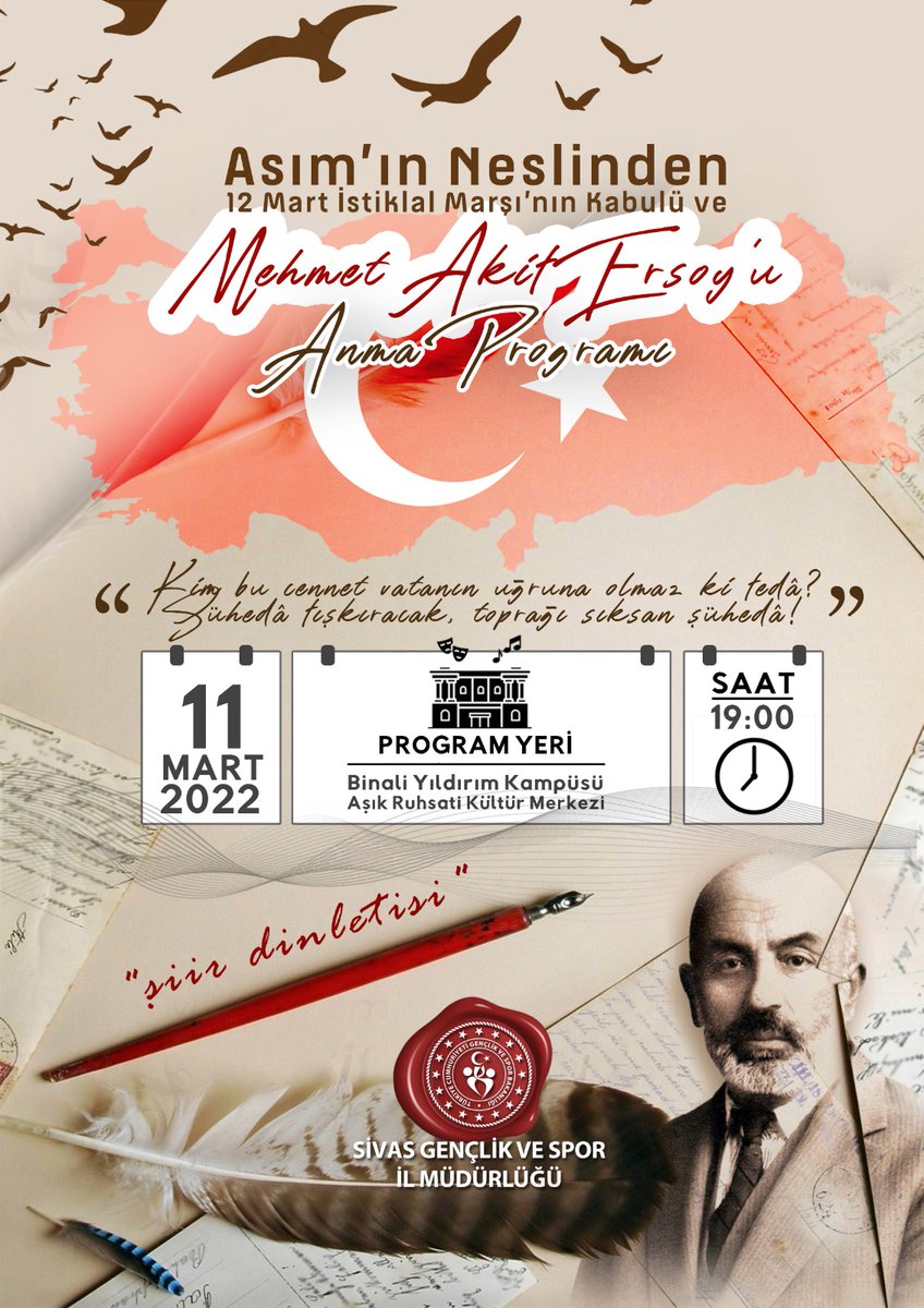 Kim Bu Cennet Vatan uğruna olmaz ki Feda?
Öğrencilerimizin dilinden Mehmet Akif şiirleri 🎙️
Tüm öğrencilerimiz davetlidir 👏
📍Binali Yıldırım Kampüsü Aşık Ruhsatı Kültür Merkezi 
⌛ 19.00