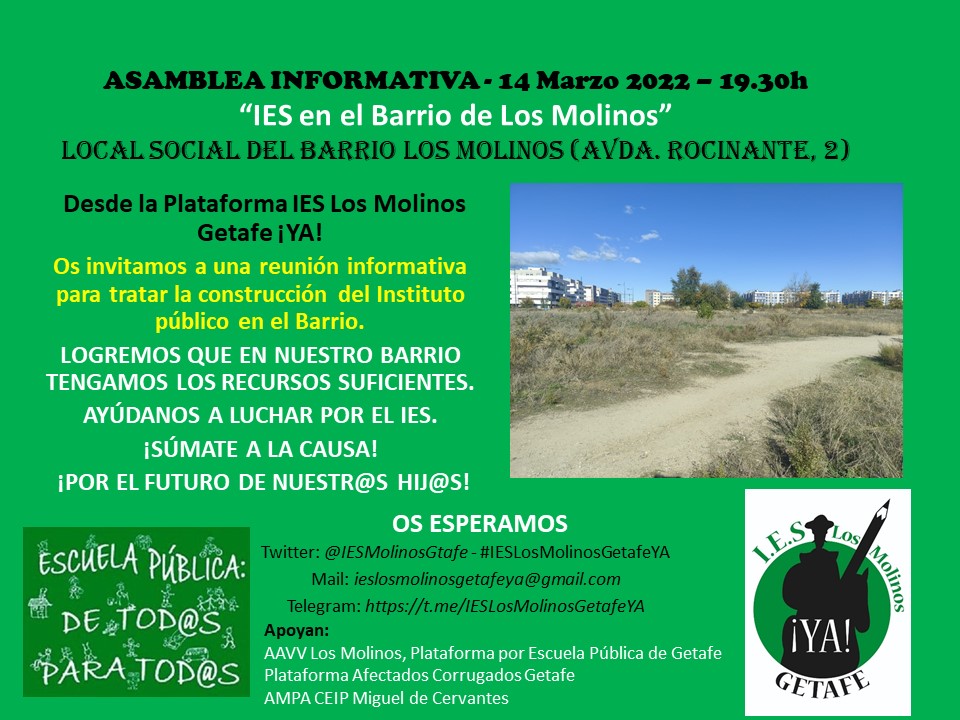 IESMolinosGtafe's tweet photo. Hacemos un llamamiento a familias vecinos, asociaciones, partidos políticos... para que entre tod@s logremos que en nuestro barrio tengamos los recursos suficientes.
¡Súmate a la causa! ¡Por el futuro de nuestr@s hij@s!¡Escuela Pública de tod@s para tod@s!
#IESLosMolinosGetafeYa https://t.co/4LIriDkBVT