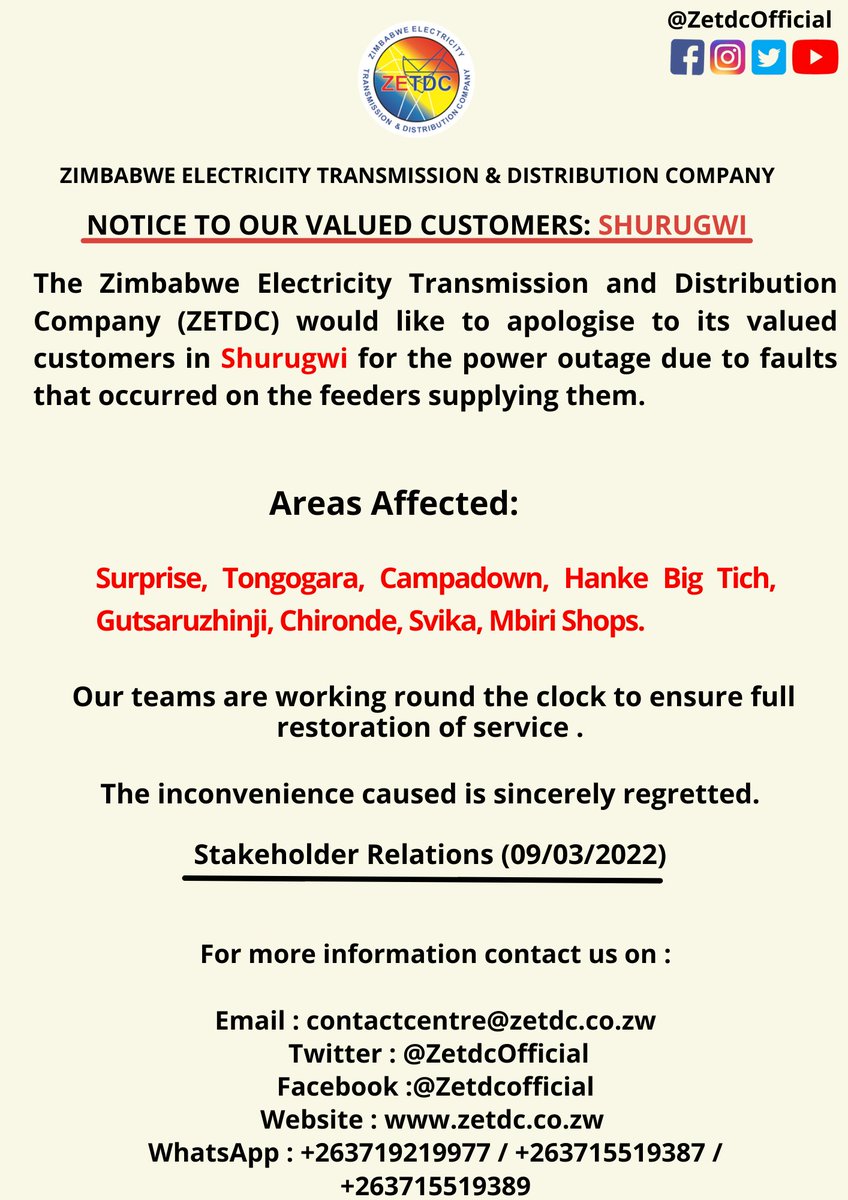 ZETDC_ (@zetdc_official) on Twitter photo #PowerUpdate
#Shurugwi residents in the mentioned areas kingly take note.
<a href="/OfficialZESA/">ZESA HOLDINGS</a> <a href="/official_MOEPD/">Ministry Of Energy And Power Development</a> <a href="/HeraldZimbabwe/">The Herald Zimbabwe</a> #PowerUpdate
#Shurugwi residents in the mentioned areas kingly take note.
<a href="/OfficialZESA/">ZESA HOLDINGS</a> <a href="/official_MOEPD/">Ministry Of Energy And Power Development</a> <a href="/HeraldZimbabwe/">The Herald Zimbabwe</a>