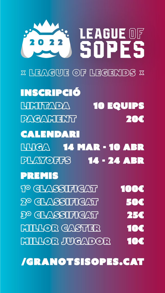 leagueofsopes's tweet photo. 🎮 League of Legends
🗓️ 14 Març - 24 Abril
🏆 Premis en metàl·lic

⚠️ Inscripcions fins divendres, 11 de març a https://t.co/Ex0bVKoxF6. https://t.co/Hng8FXMsUg