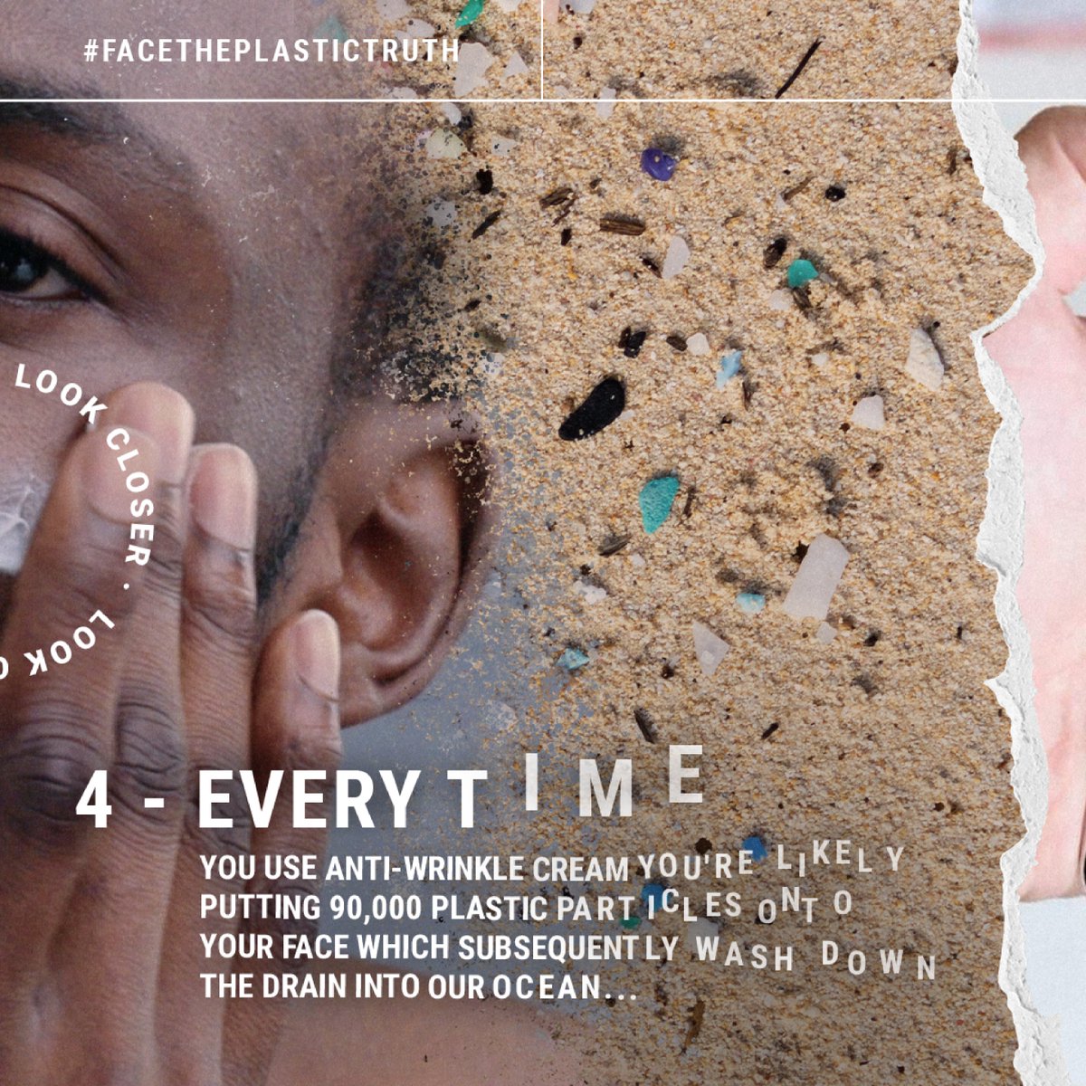 UNEP's tweet photo. Have you ever taken a CLOSER LOOK at the plastic ingredients in your skincare products? 😧

They're almost certainly in there.
From moisturisers to shower gels, each time we use a personal care product it contributes to washing microplastics down the drain &amp; into the ocean.
⬇️