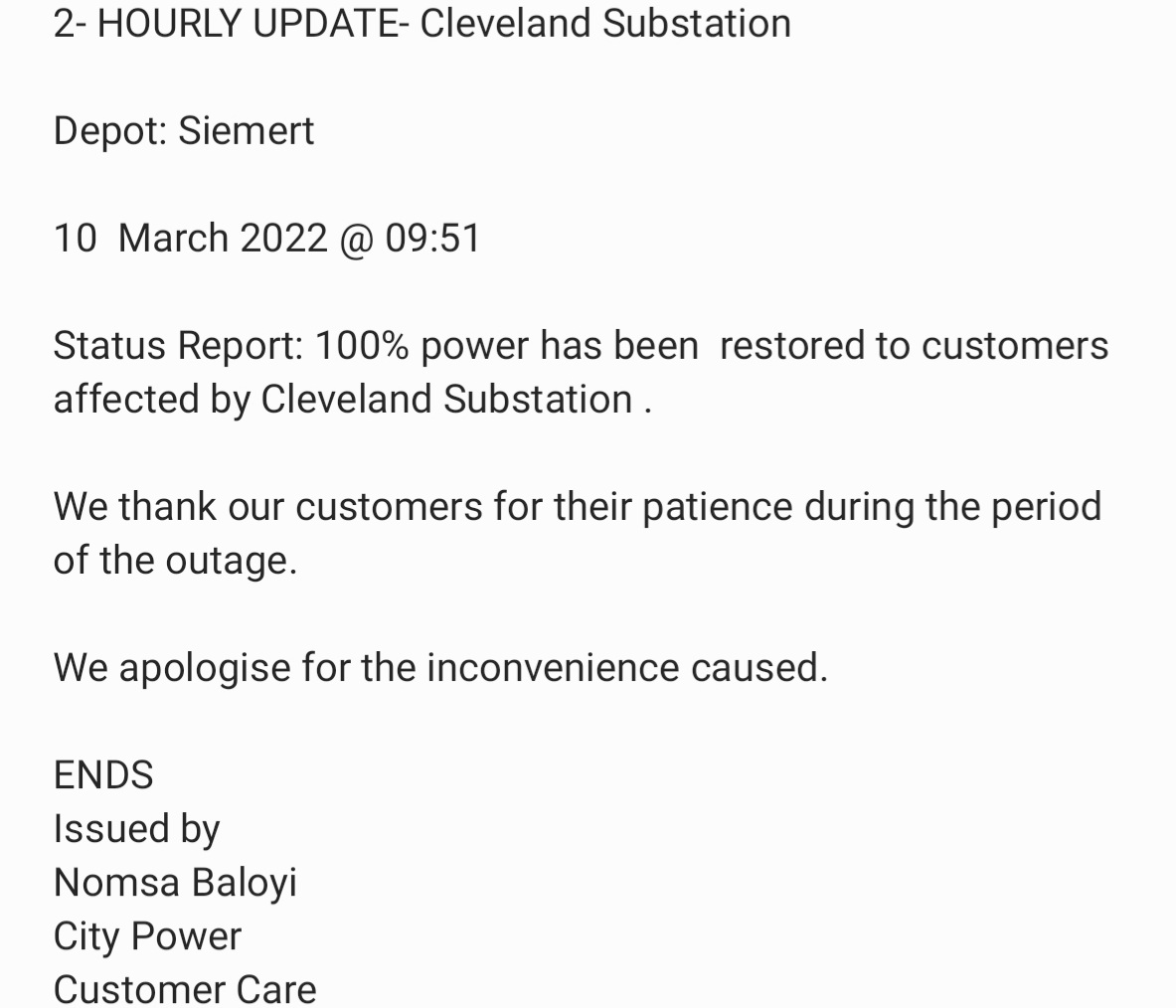 CityPowerJhb's tweet photo. #ClevelandOutage
#JoburgUpdates
100% power has been restored to customers affected by Cleveland Substation . ^IL https://t.co/WVDiy0OLug