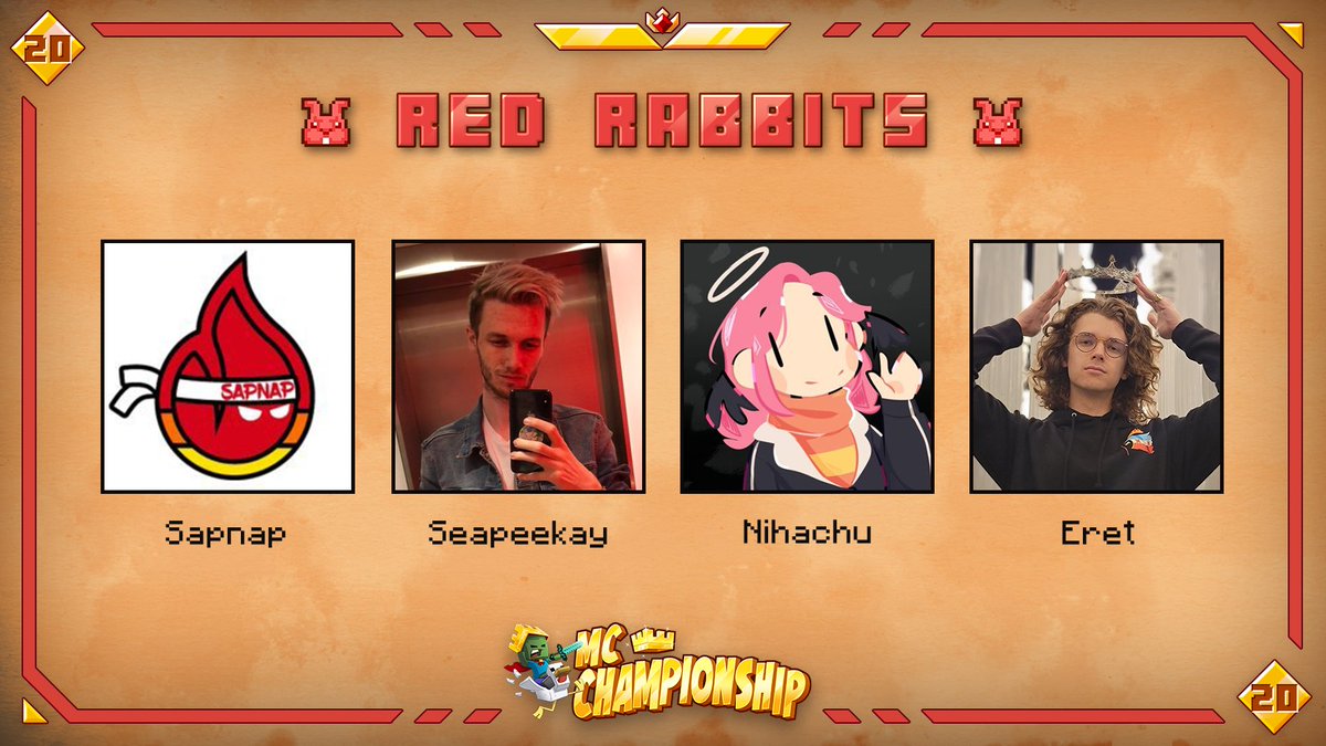 MCChampionship_'s tweet photo. 👑 Announcing team Red Rabbits 👑

@sapnap @Seapeekay @Nihaachu @Eret

Watch them in MCC on Saturday March 26th at 8pm GMT! https://t.co/eaakTdUBRd
