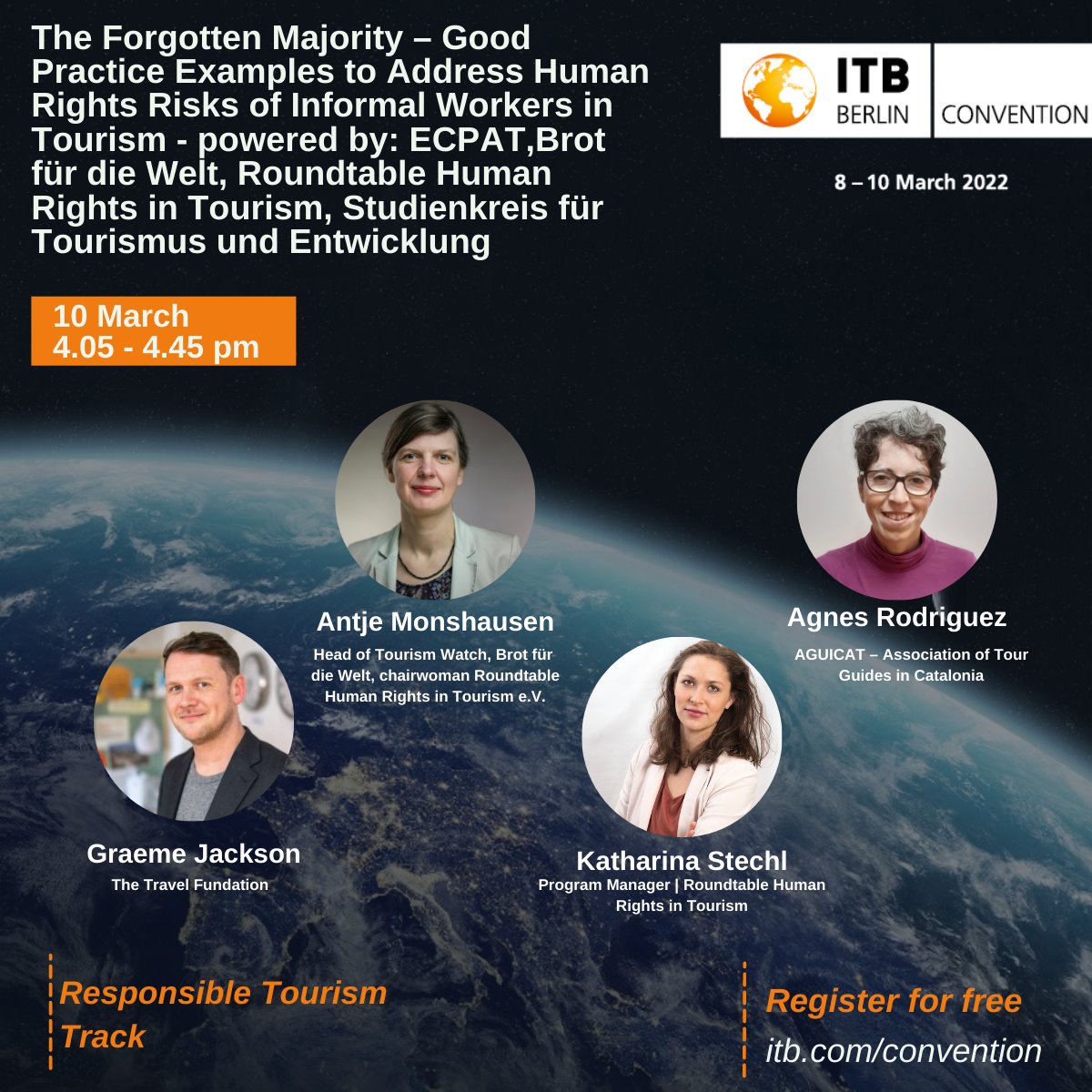 HRinTourism's tweet photo. Tune in today at 4:05 pm for our online panel discussion at @ITB_Berlin! Register now and book your free ticket to join our event: https://t.co/ChFFc4q1F1

#itbberlin #responsibletourism #informalsector #HumanRights https://t.co/j0nWX4jHZz