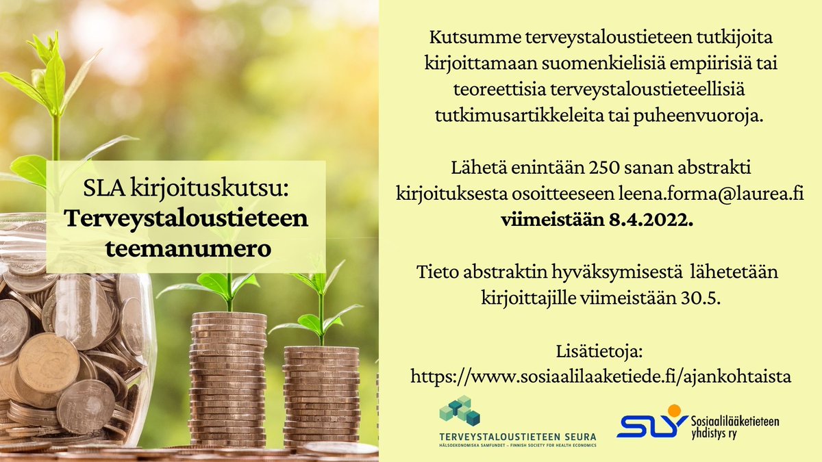 <a href="/Soslaaketiede/">Sosiaalilääketiede</a> ja <a href="/TerveystaloustS/">Terveystaloustieteen Seura</a> julkaisevat ensi vuonna Terveystaloustieteen teemanumeron! 📈

Löytyisikö sinulta aiheeseen sopiva kirjoitus tai haluaisit sellaisen kirjoittaa? Jos kyllä, käy lukemassa aiheesta lisää: sosiaalilaaketiede.fi/ajankohtaista/…

#terveystaloustiede