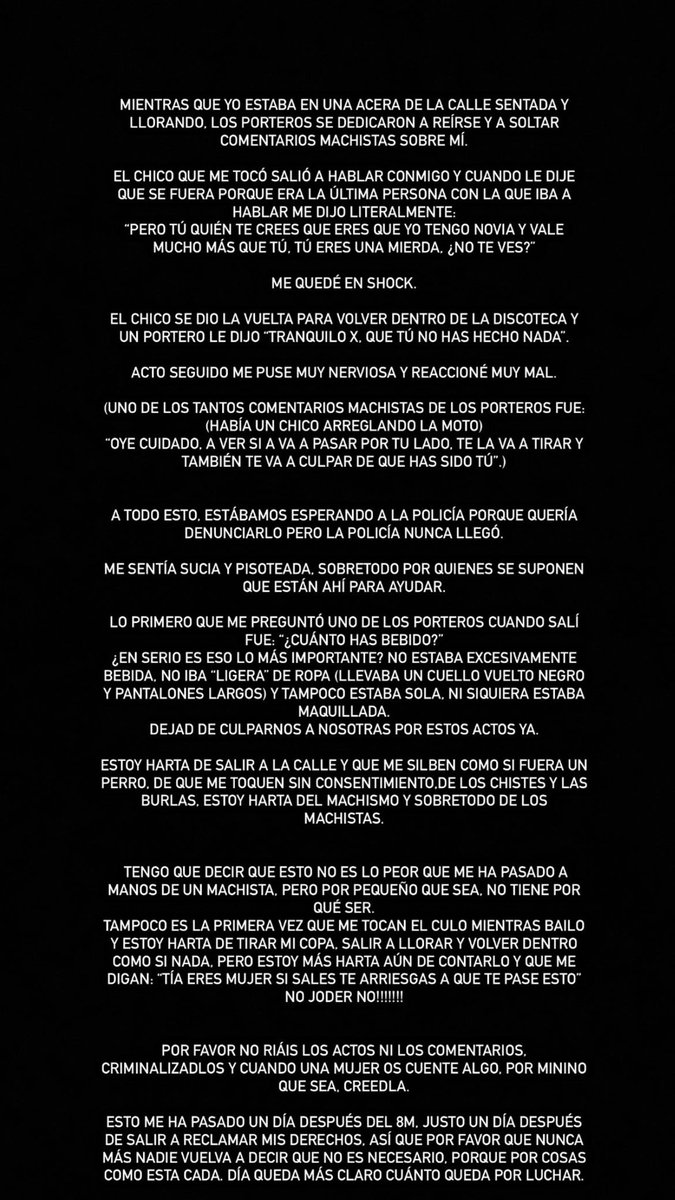 ESTO ME PASÓ ANOCHE, UNA VEZ DE TANTAS, QUE SALÍ A PASÁRMELO BIEN CON MIS AMIGOS Y POR DESGRACIA, LA NOCHE ACABÓ MAL

DADME RT Y QUE TODO EL MUNDO SE ENTERE DE ESTA MIERDA Y DE QUE TIENE QUE PARAR YA, POR FAVOR