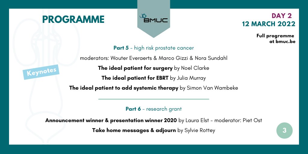 Day 2 of #BMUC2022 is a morning programme on #renalcellcancer and #prostatecancer, with moderators @NoraSundahl, @marco_g__, @EveraertsW, … & presentations from @DrChoueiri, Noel Clarke and more. Register via bmuc.be/bmuc2022/regis… ⬅️