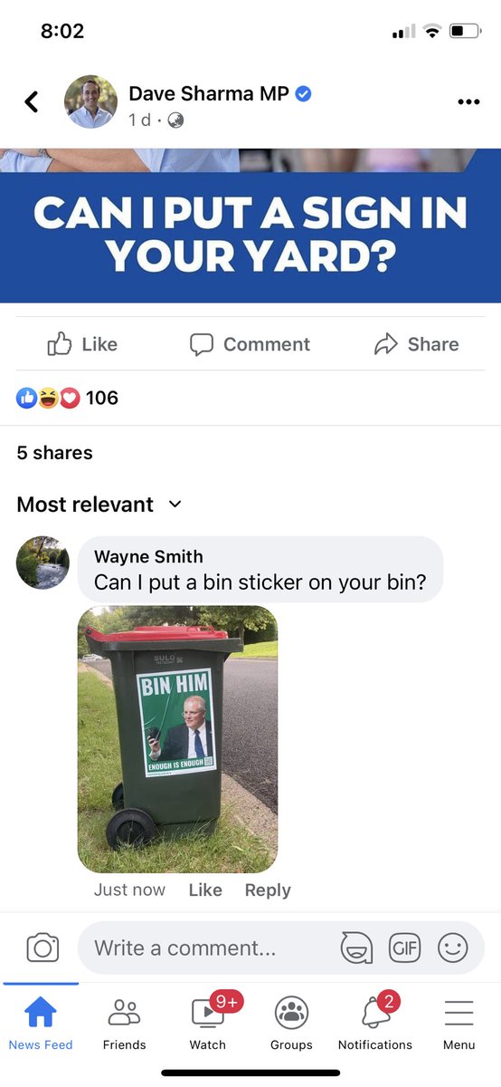 CleanEconomySer's tweet photo. Dave Sharma: Can I put a sign in your yard?

Me: Can I put a bin sticker on your bin? @SmartVoting2022 #auspol https://t.co/m88M1DY21S