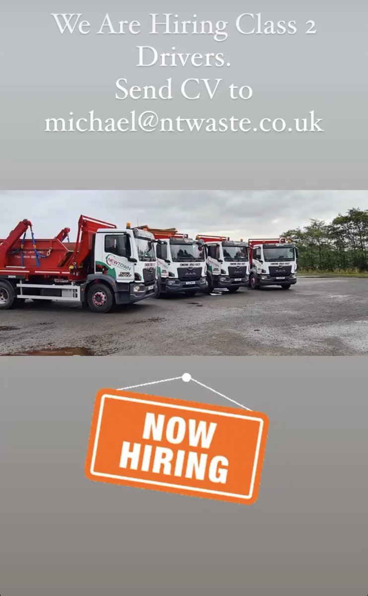 New Town Skip Hire are now hiring class 2 drivers. Email michael@ntwaste.Co.uk if interested.