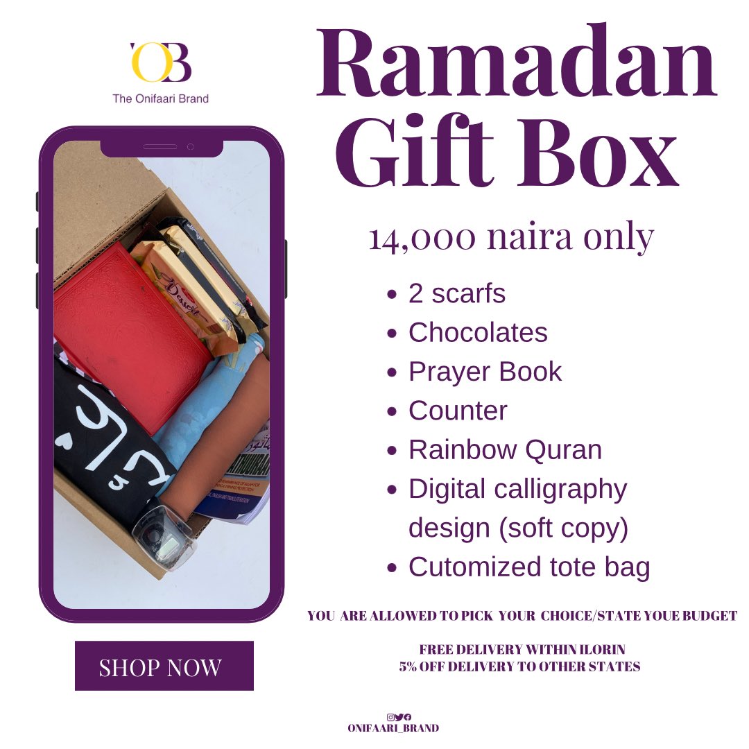 AjokeOnifaari's tweet photo. You asked and we listened.

Introducing our Ramadan Gif Box package that comes in 3 different prices
8,500
11,500
14,000 

All orders comes with free delivery within ilorin,5% off delivery to other states.

To place an order please click on the link 
https://t.co/K9iWnSnsPs https://t.co/9YeMqlSV4i