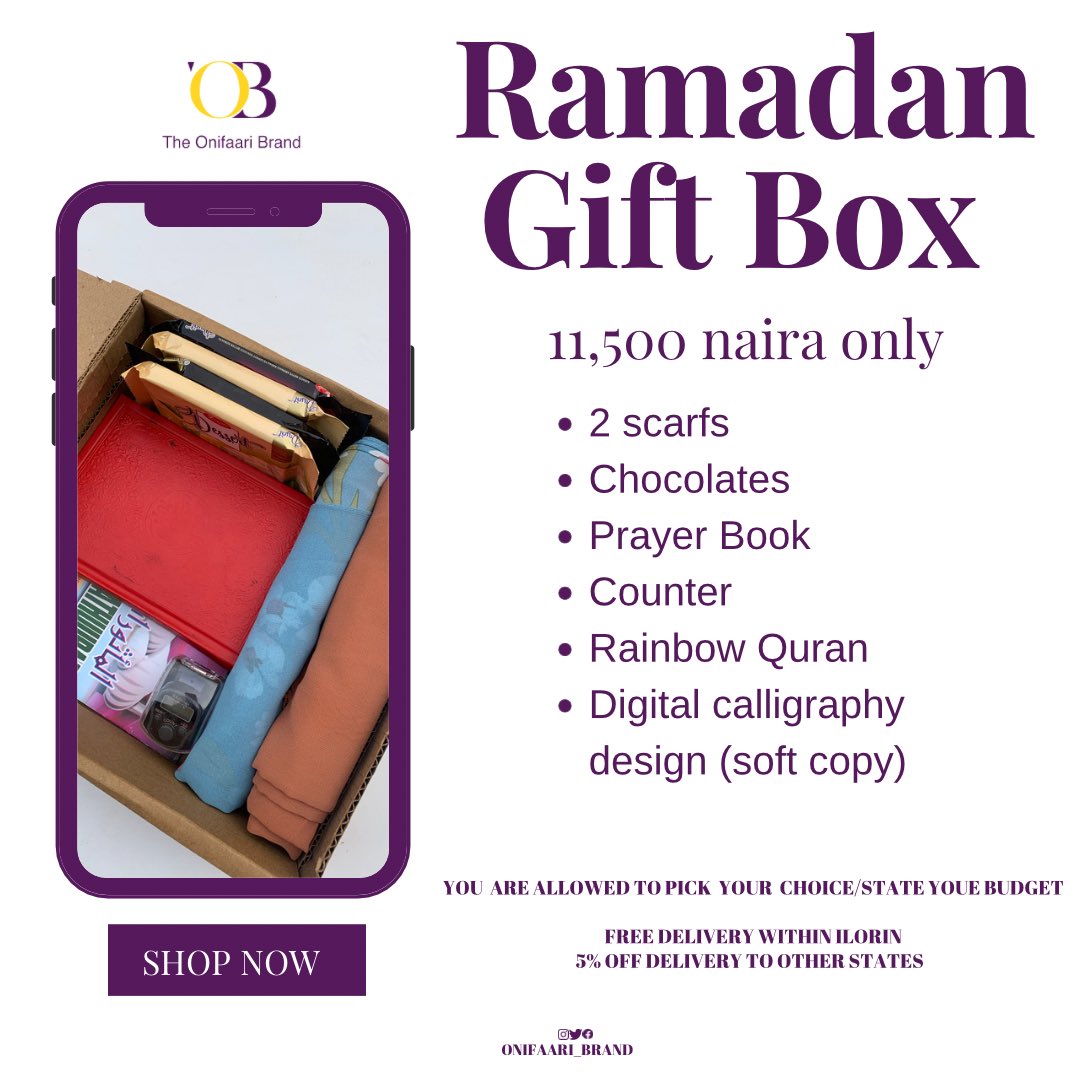 AjokeOnifaari's tweet photo. You asked and we listened.

Introducing our Ramadan Gif Box package that comes in 3 different prices
8,500
11,500
14,000 

All orders comes with free delivery within ilorin,5% off delivery to other states.

To place an order please click on the link 
https://t.co/K9iWnSnsPs https://t.co/9YeMqlSV4i