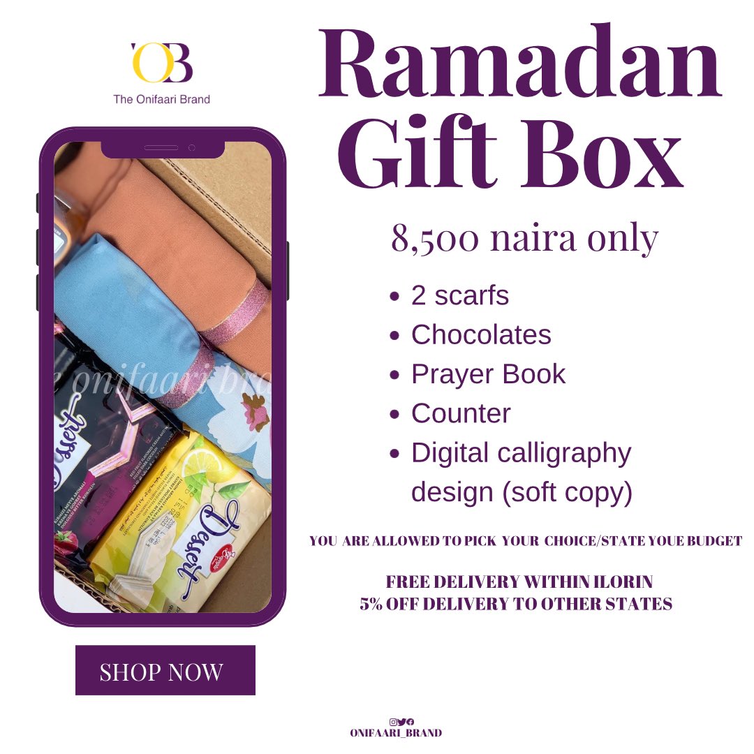 AjokeOnifaari's tweet photo. You asked and we listened.

Introducing our Ramadan Gif Box package that comes in 3 different prices
8,500
11,500
14,000 

All orders comes with free delivery within ilorin,5% off delivery to other states.

To place an order please click on the link 
https://t.co/K9iWnSnsPs https://t.co/9YeMqlSV4i