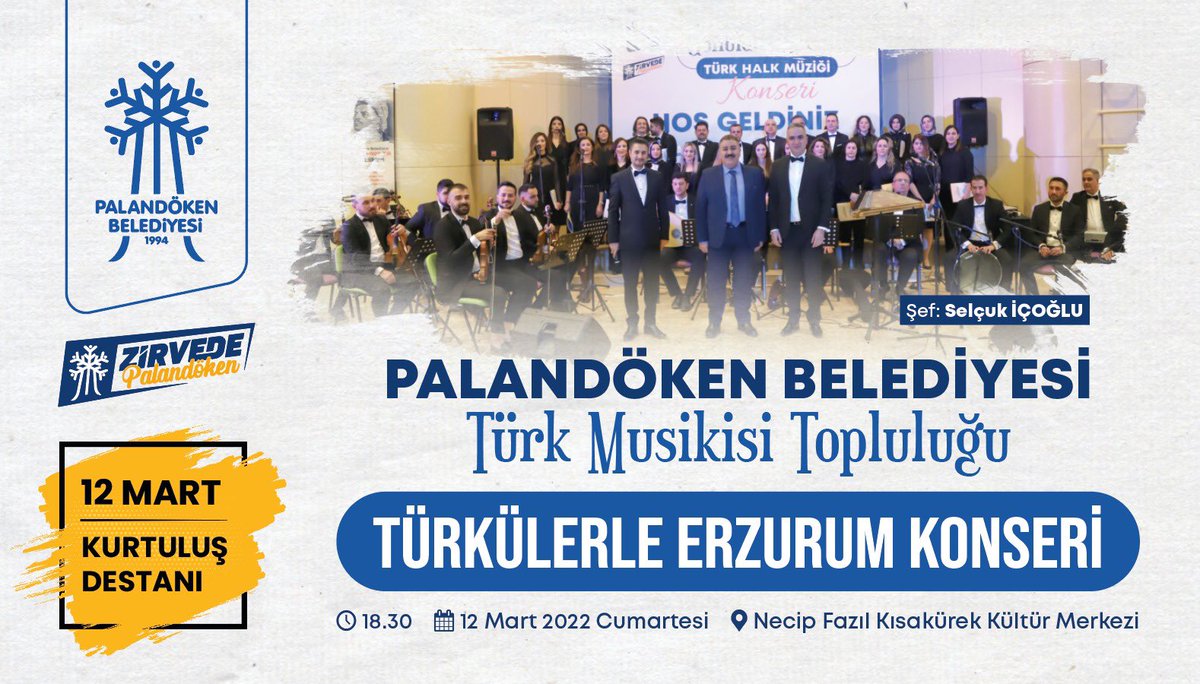 ☑️ 12 Mart'ta Türkülerle Erzurum Konserinde buluşalım...
🗓 12 Mart 2022 Cumartesi 
⏰ 18.30 
📍 Necip Fazıl Kısakürek Kültür Merkezi