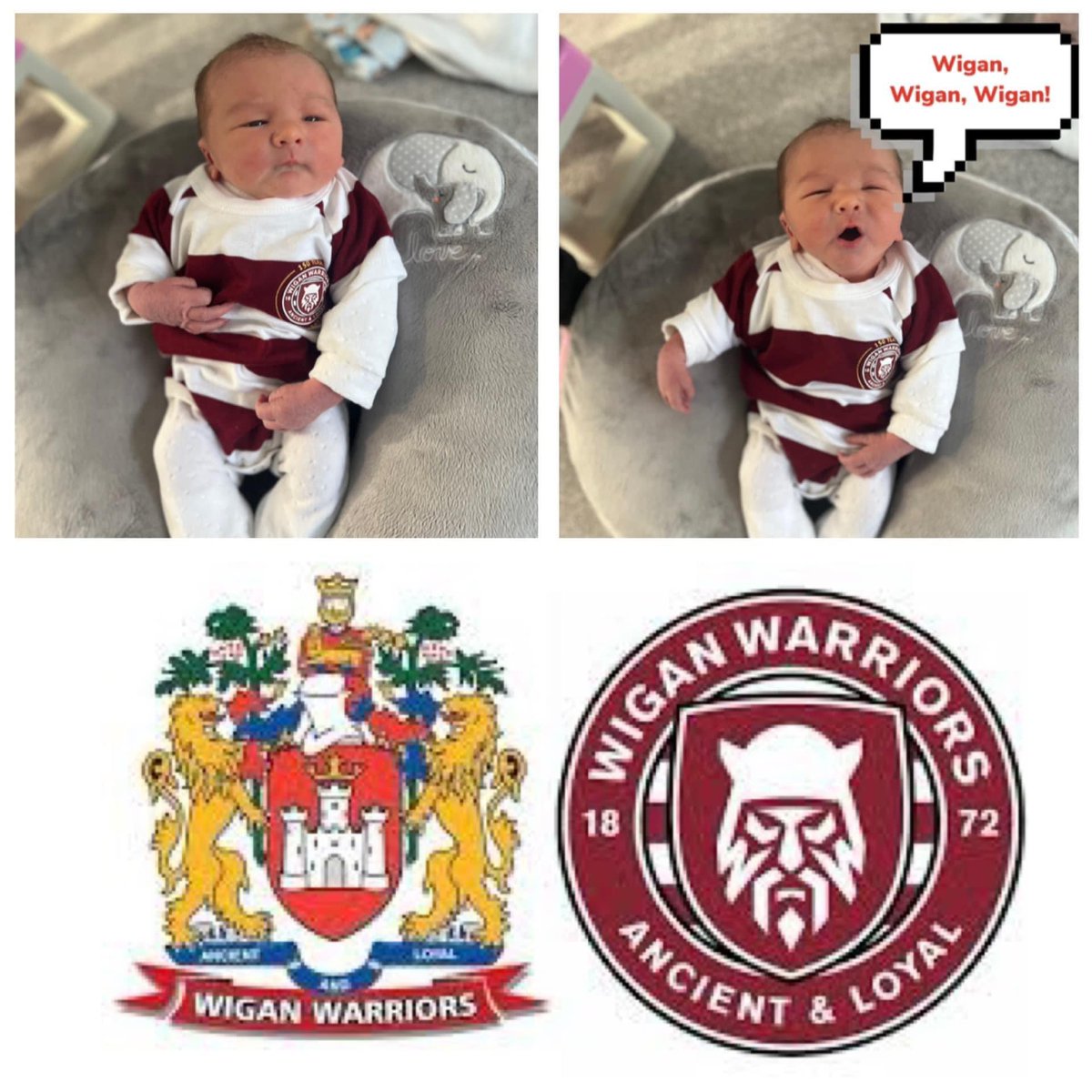 leannehobin's tweet photo. After being unveiled as a Max the Rover yesterday, today daddy decided our little man becomes Max the Warrior 🍒🤍🏉 @WiganWarriorsRL #rugbyfan #miniwarrior #daddyslittlemate #wiganwarrior #cherryandwhite https://t.co/q1yBeCnohn