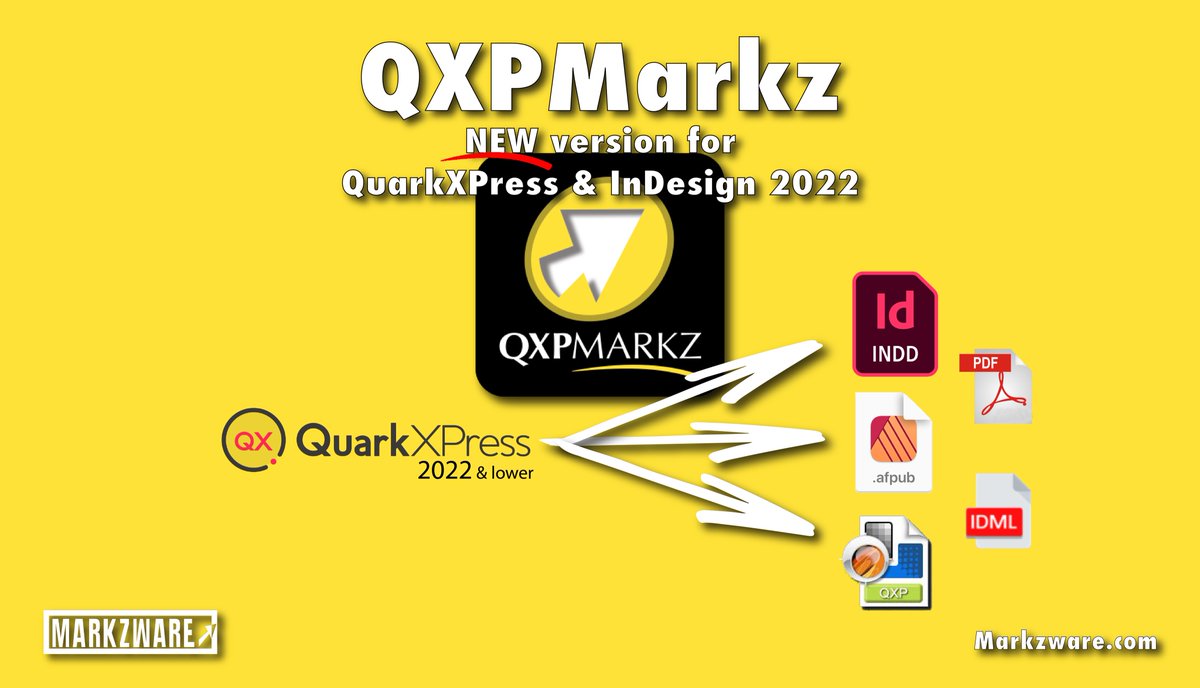 Markzware's tweet image. 🔍••• Markzware Announces QXPMarkz 2022 •••🔎
Preview, Convert, &amp;amp; Publish 📚 #QuarkXPress2022 ✏️ files to many 📄 #PageLayout file types, such as:
#⃣ #InDesign
#⃣ Illustrator
#⃣ #Publisher
#⃣ IDML

Full #PR here:
markzware.com/qxpmarkz/quark…