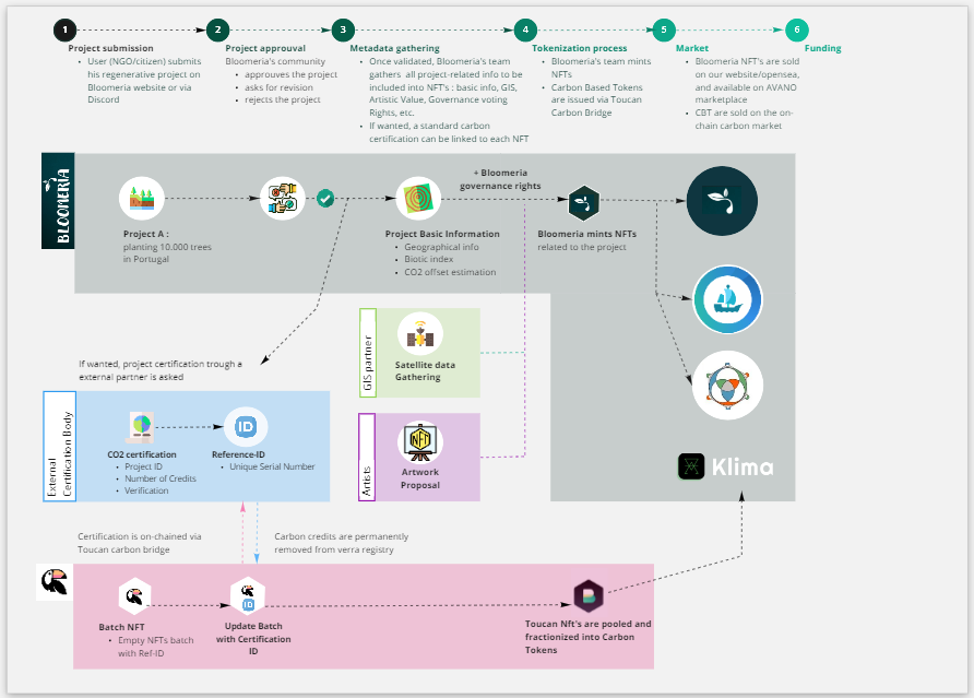bloomeria_dao's tweet photo. As step 3, we proceed to #metadata gathering, where once validated, Bloomeria's team gathers all project-related info to be included into NFTs: basic info, GIS, artistic value, governance, voting rights, etc. https://t.co/sQZb7VLxFO https://t.co/oVllmMGJ2q