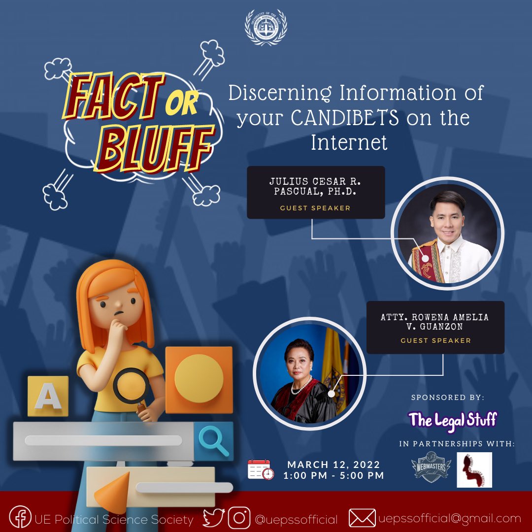 uepssofficial's tweet photo. UE Political Science Society presents: โFact and Bluff: Discerning Information of Your CANDIBETS on the Internetโ happening this Saturday, March 12, 2022!
See full post here: https://t.co/DHl0FzoDmo
#SulongPolSci
#IncedereSineTimore
#ForwardWithoutFear https://t.co/2IDkslNZW0