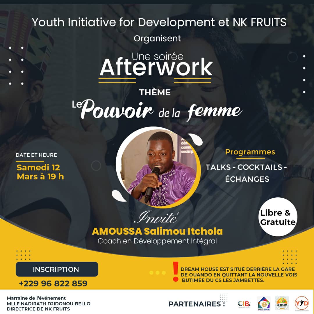 YouthInitiativ6's tweet photo. RDV ce Samedi 12 Mars pour faire le point sur la Journée internationale des droits des femmes autour du thème : FEMME DE POUVOIR avec Amoussa Salimou à partir de 19h 

👉 ENTREE LIBRE 
👉 INSCRIPTION AU 229 96 822 859

#YID  #IWD #femmes #womenright #planinternational #youth https://t.co/2wFVBD6LeV